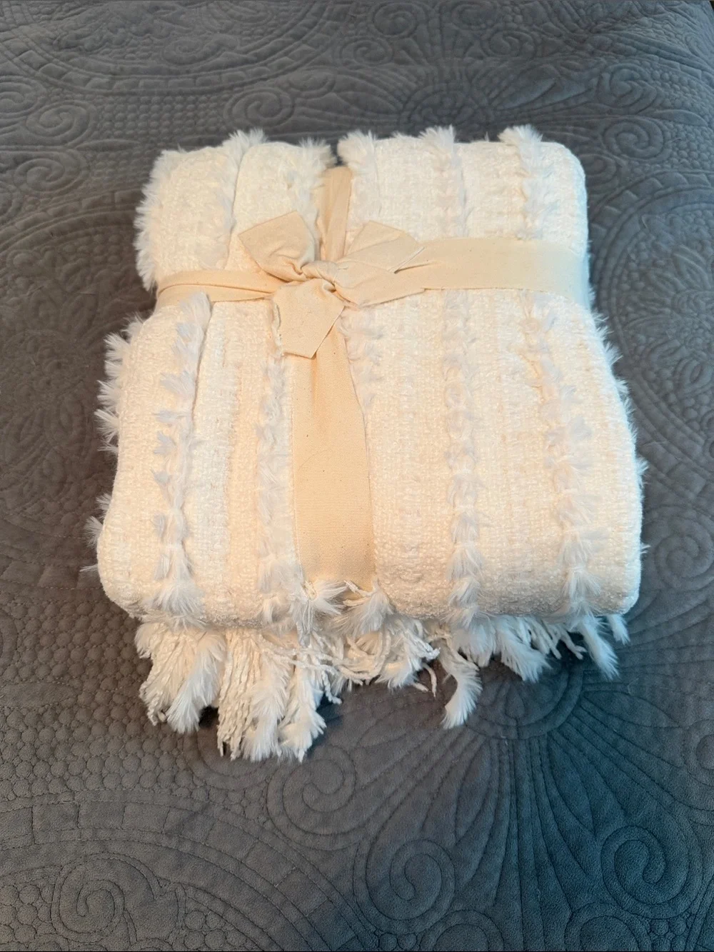 Pier 1 Cream Textured Fringe Throw Blanket